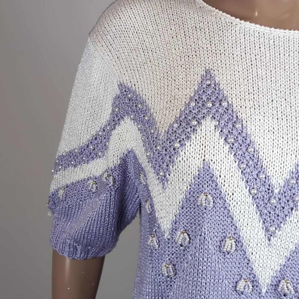 Vintage 90s Magnolia Sweater Pearl Beaded Chevron Tunic Knit Pullover Keyhole